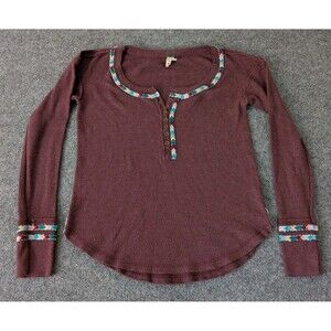 Free People We the Free Henley Top Womens Rainbow Thermal Size XS Burgundy Boho